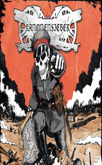 Illustration zur Band Kanonenfieber mit Totenkopf-Figur vor stilisiertem Schlachtfeld und Bandlogo