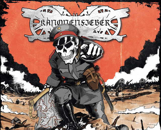 Illustration zur Band Kanonenfieber mit Totenkopf-Figur vor stilisiertem Schlachtfeld und Bandlogo