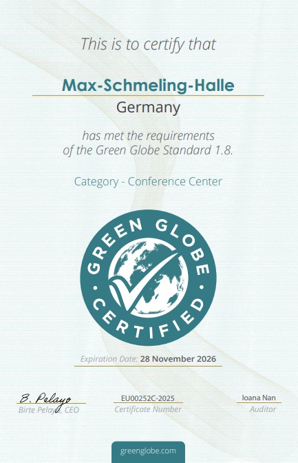 Hier sieht man das Green Globe Zertifikat aus dem Jahr 2025.